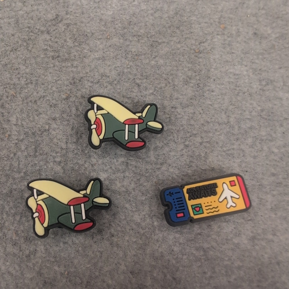 3pc Airplane Shoe Charms Biplane Adventure Awaits Boarding Pass Ticket Set - Picture 1 of 1